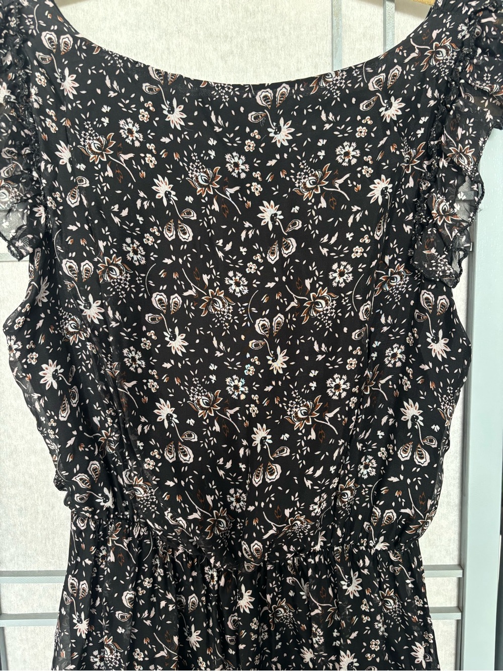 Black Floral Maxi Dress with Smocked Waist sheer with lining to upper thigh/knee - Picture 5 of 5